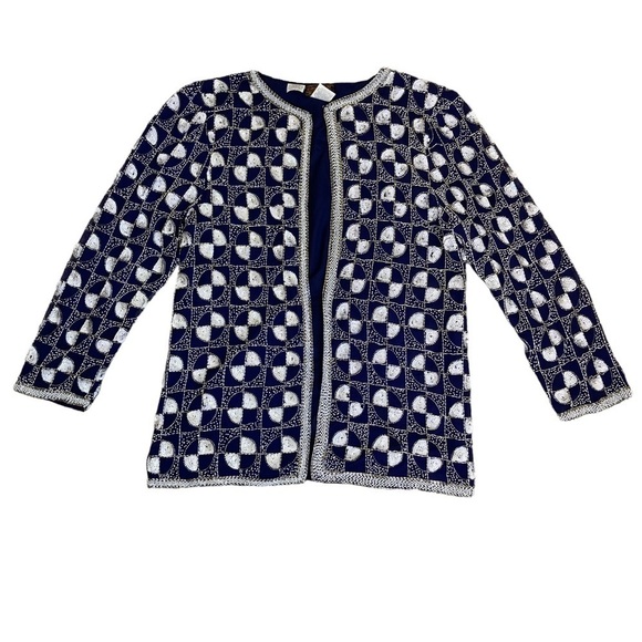 Vintage 80s Eves Allure Silk Sequined Party Blazer Dress Jacket Elegant Sz M - Picture 4 of 15